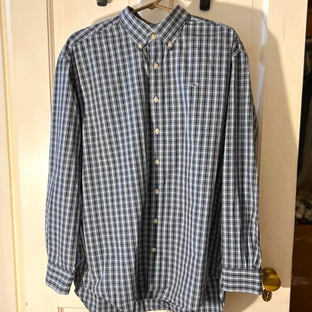 Vineyard Vines Whale Shirt Mens L Button Up Long Sleeve Blue Green Check Plaid
